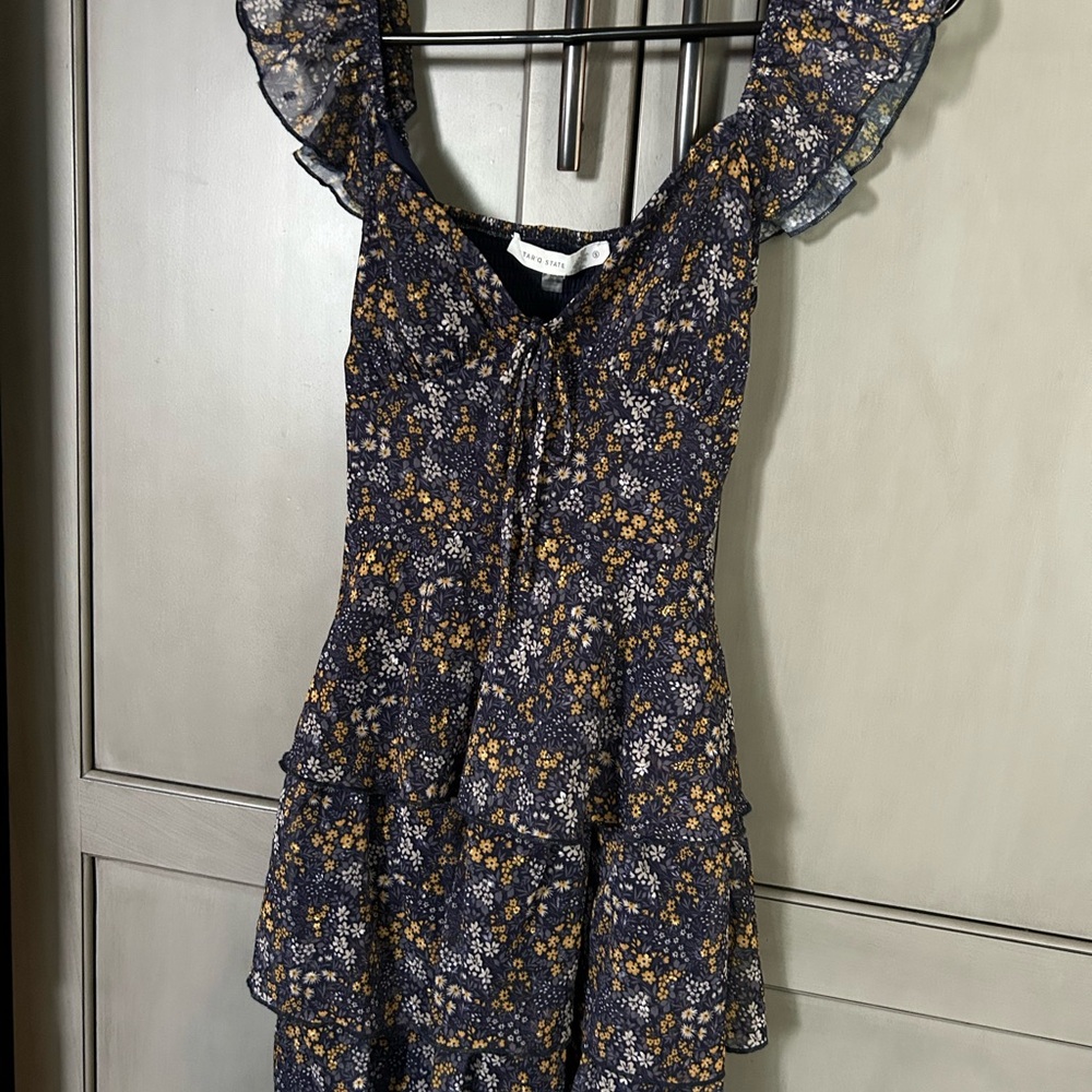 Altar’d State Navy Floral Ruffle Tiered Sundress with Yellow Blossoms